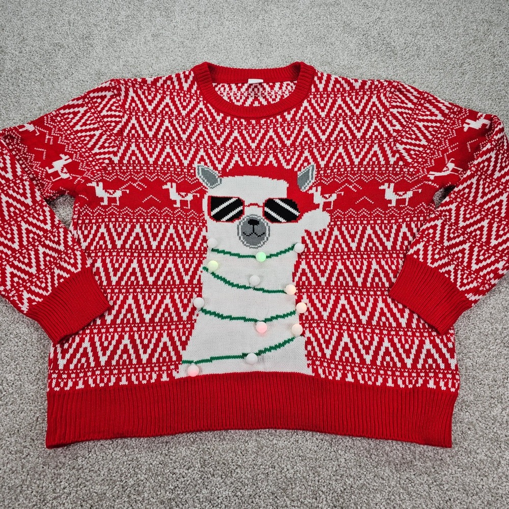 Llama Christmas Sweater XL Red White Novelty Funny‎ Lights Ugly Holiday NWOT